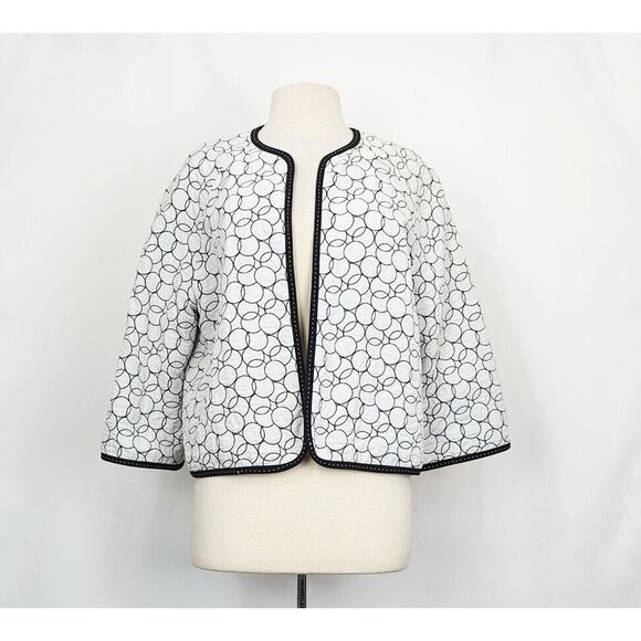Louben Jacket White Black Quilted Statement Open Front Misses Size 14 - Picture 1 of 6